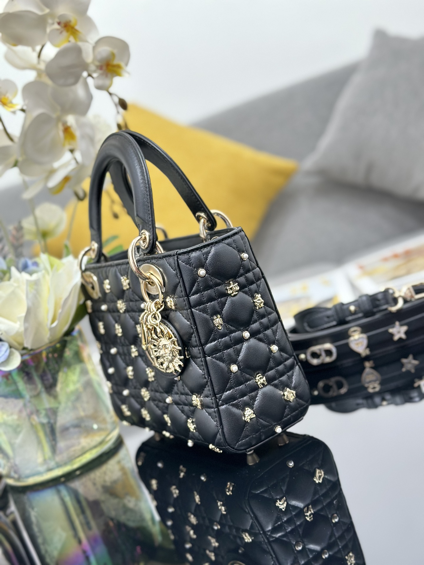 Small Lady Dior Bag Black Lambskin with Star Sign Nail